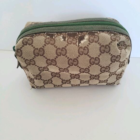 Gucci Logo Vintage Pouch Bag Clutch Zip Small Canvas Leather Beige Green Fair - Picture 2 of 11